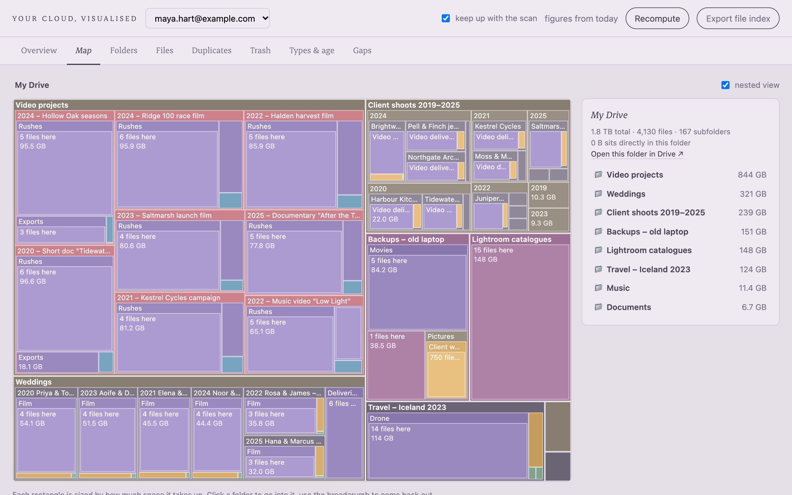 TidierCloud's map of an example Google Drive: each rectangle is a folder sized by the space it uses, with Video projects, Weddings and Client shoots the largest.
